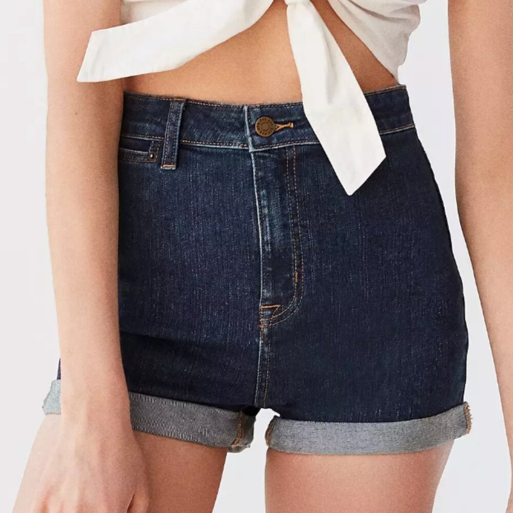 BDG Pin-Up High Rise Dark Wash Women's Shorts Cuffed Hem Stretch Denim